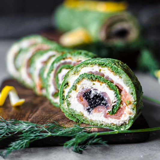 Spinach roll with red fish and caviar